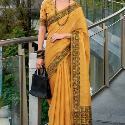 Captivating Yellow Cotton Silk Saree With Adoring Blouse Piece