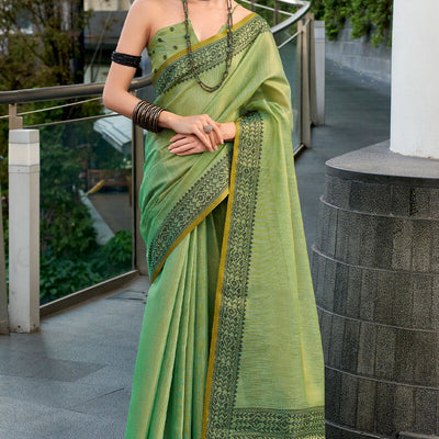 Impressive Green Cotton Silk Saree With Glorious Blouse Piece