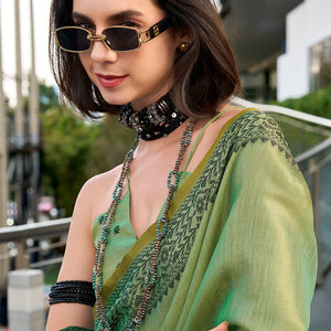 Impressive Green Cotton Silk Saree With Glorious Blouse Piece