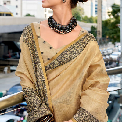 Sumptuous Beige Cotton Silk Saree With Ornate Blouse Piece