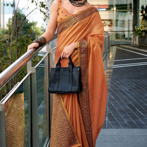 Preferable Orange Cotton Silk Saree With Epiphany Blouse Piece