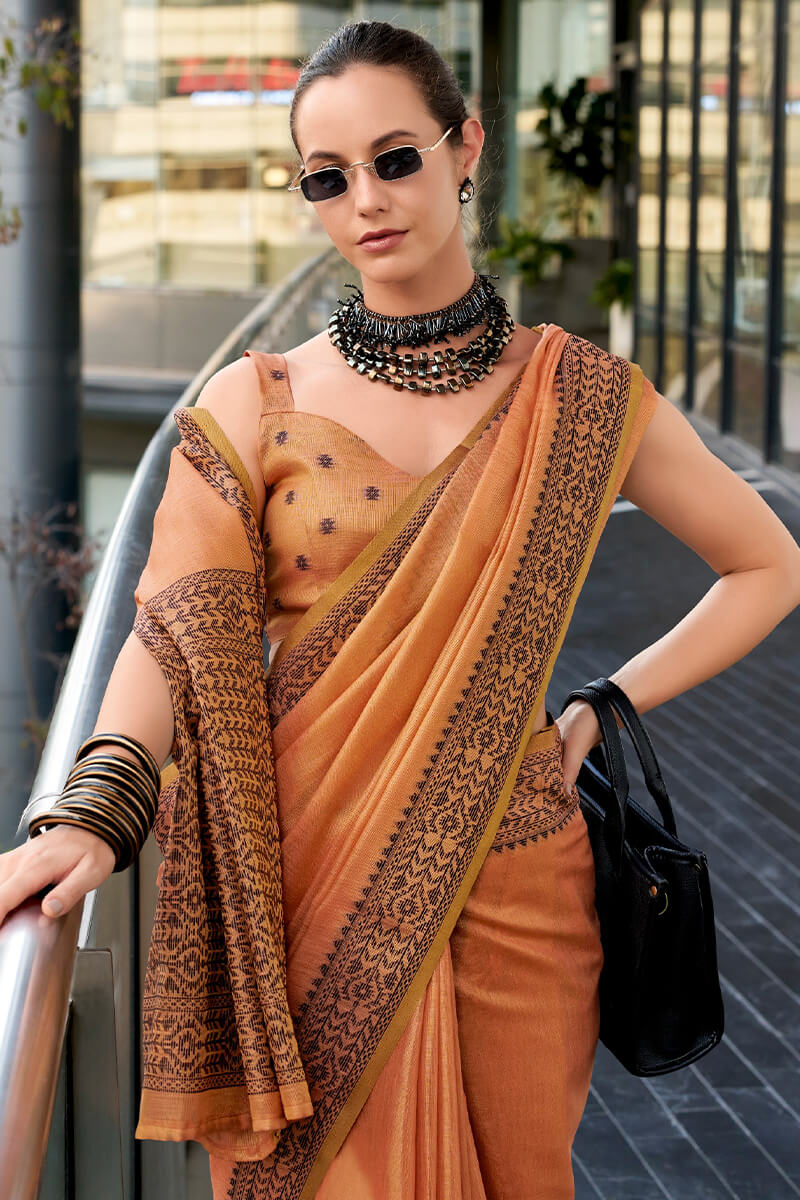 Preferable Orange Cotton Silk Saree With Epiphany Blouse Piece