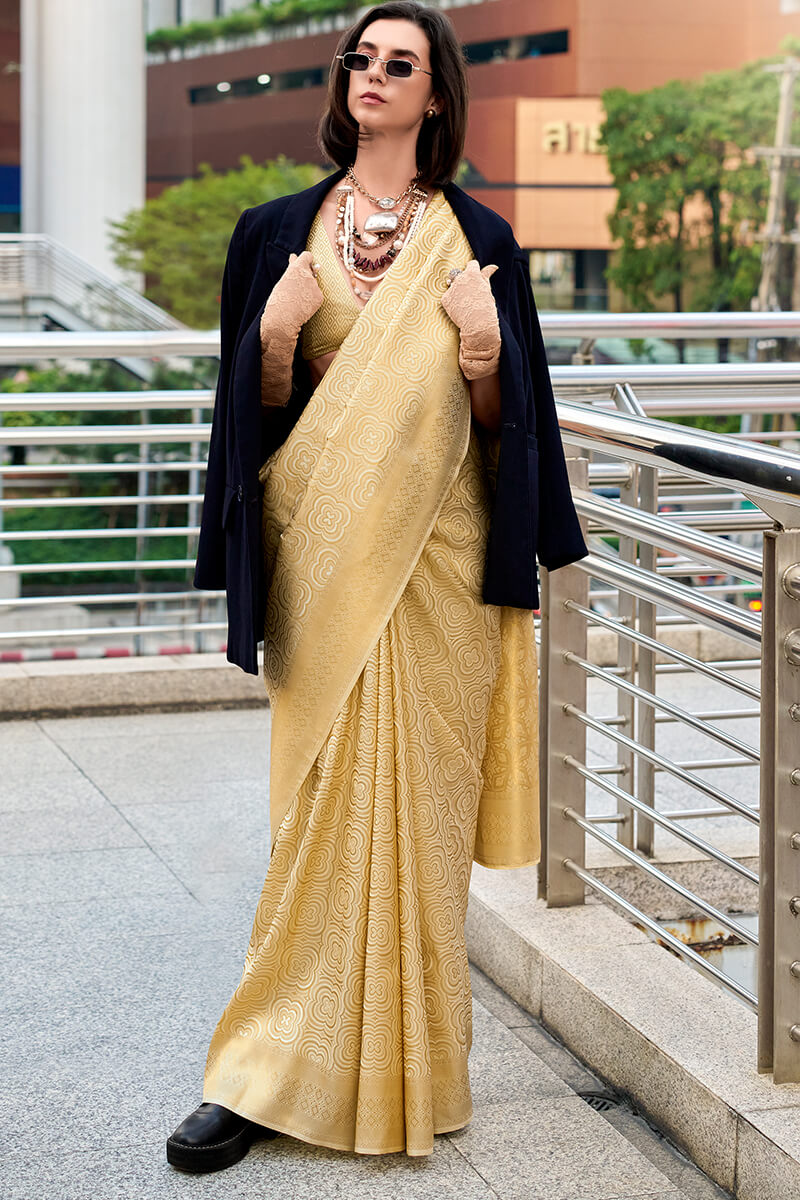 Seraphic Beige Kanjivaram Silk Saree With Fragrant Blouse Piece