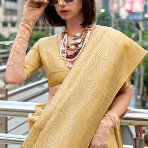 Seraphic Beige Kanjivaram Silk Saree With Fragrant Blouse Piece