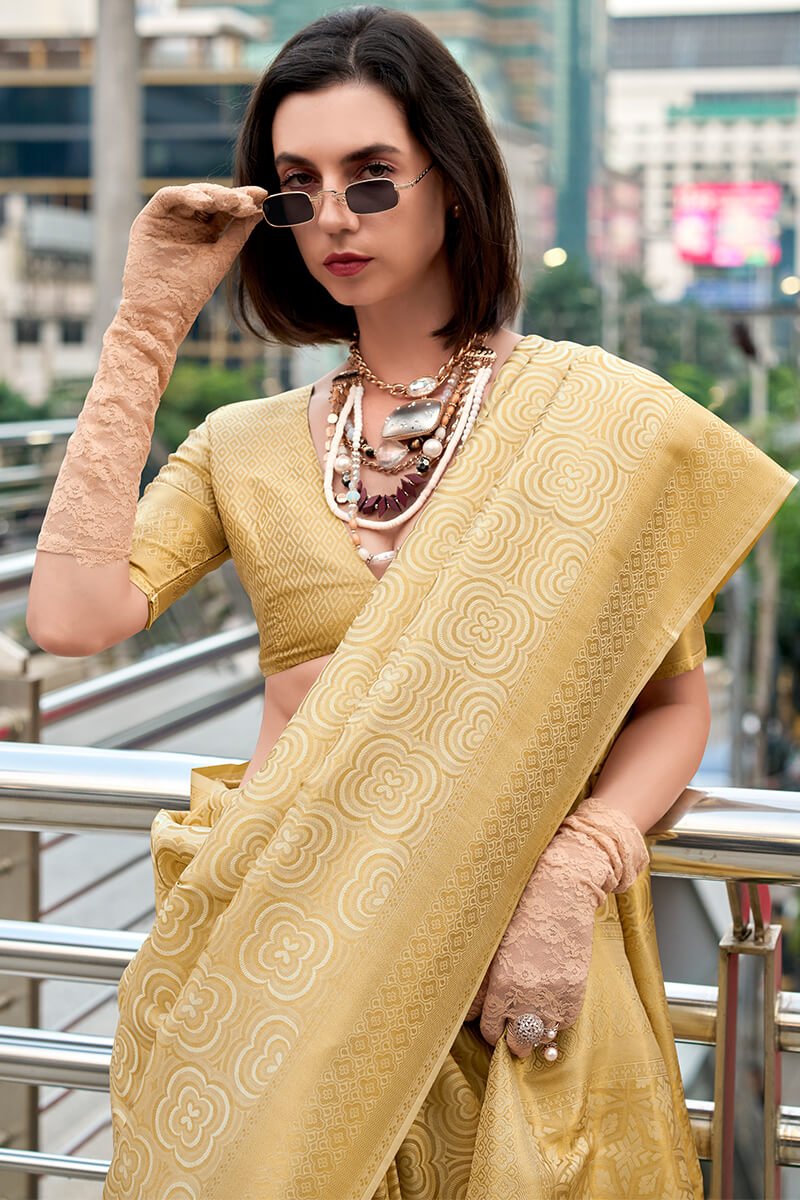 Seraphic Beige Kanjivaram Silk Saree With Fragrant Blouse Piece