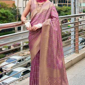 Elision Lavender Kanjivaram Silk Saree With Ravishing Blouse Piece