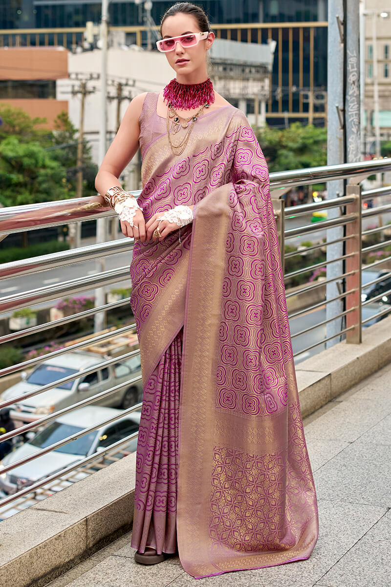 Elision Lavender Kanjivaram Silk Saree With Ravishing Blouse Piece