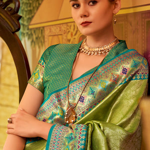 Dissemble Green Soft Banarasi Tissue Silk Saree With Elegant Blouse Piece