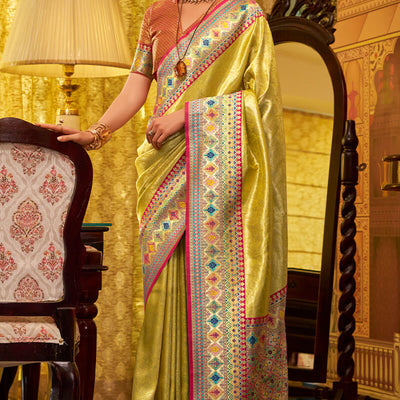 Improbable Yellow Soft Banarasi Tissue Silk Saree With Luminous Blouse Piece