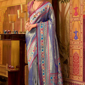 Arresting Blue Soft Banarasi Tissue Silk Saree With Charismatic Blouse Piece