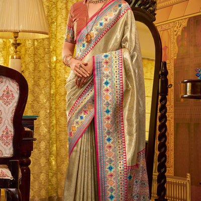 Verdant Beige Soft Banarasi Tissue Silk Saree With Mellifluous Blouse Piece