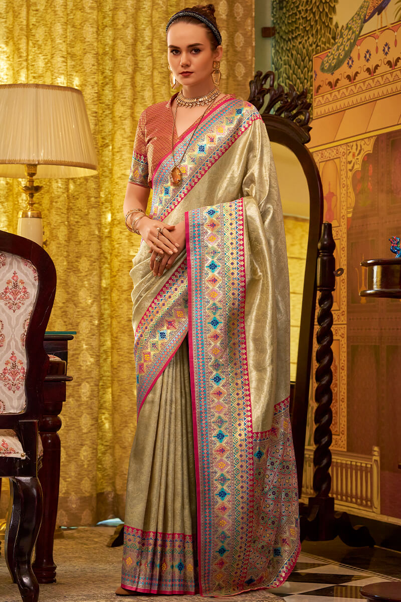 Verdant Beige Soft Banarasi Tissue Silk Saree With Mellifluous Blouse Piece