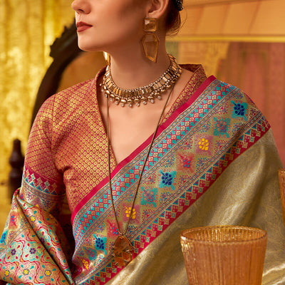 Verdant Beige Soft Banarasi Tissue Silk Saree With Mellifluous Blouse Piece