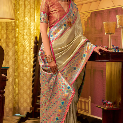 Verdant Beige Soft Banarasi Tissue Silk Saree With Mellifluous Blouse Piece