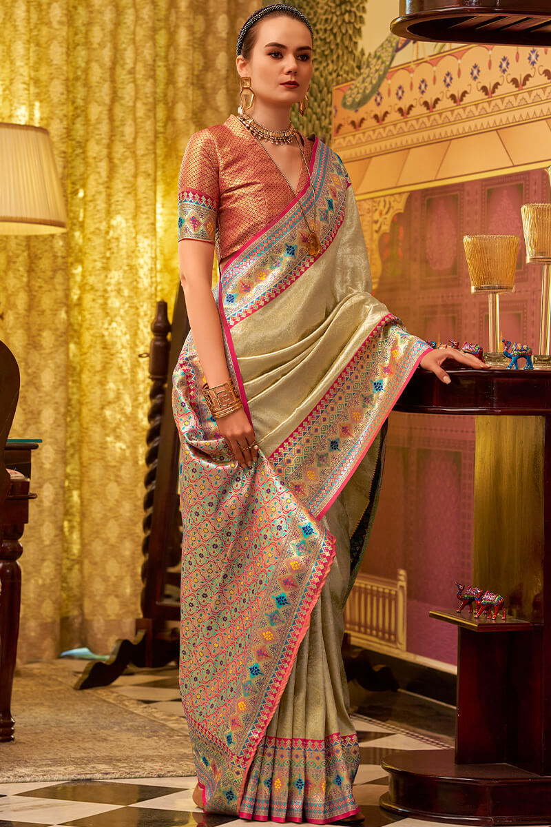 Verdant Beige Soft Banarasi Tissue Silk Saree With Mellifluous Blouse Piece