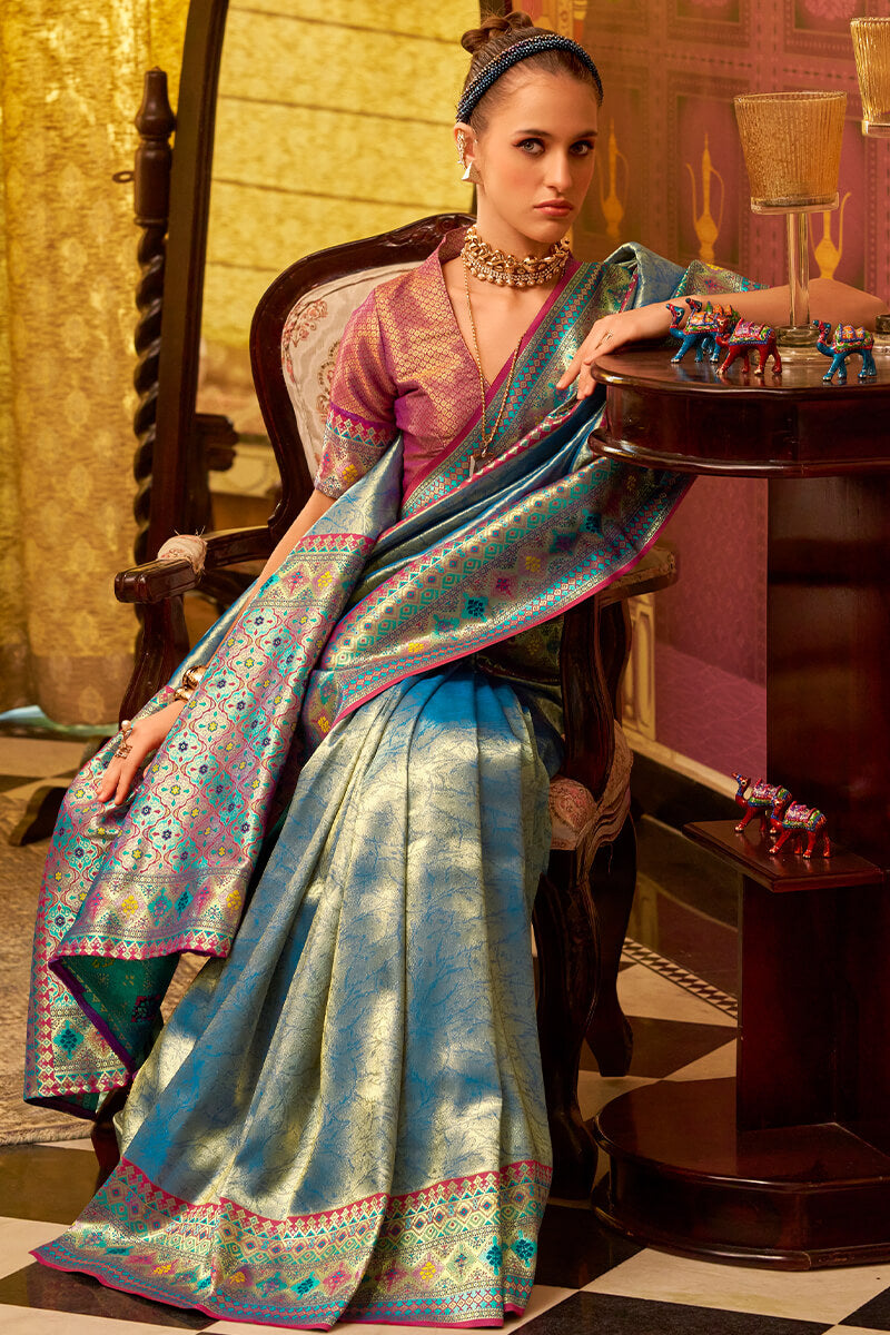 Seraglio Rama Soft Banarasi Tissue Silk Saree With Proficient Blouse Piece