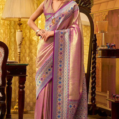 Stunner Pink Soft Banarasi Tissue Silk Saree With Enamoring Blouse Piece