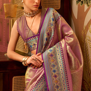 Stunner Pink Soft Banarasi Tissue Silk Saree With Enamoring Blouse Piece