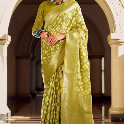 Extraordinary Mehndi Soft Banarasi Tissue Silk Saree With Sizzling Blouse Piece