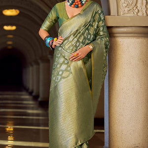 Vivacious Green Soft Banarasi Tissue Silk Saree With Excellent Blouse Piece