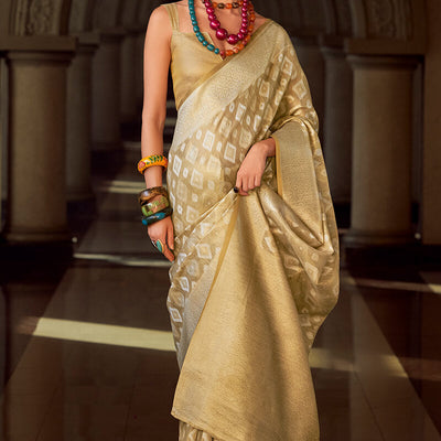 Resonant Beige Soft Banarasi Tissue Silk Saree With Imaginative Blouse Piece