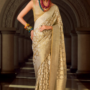 Resonant Beige Soft Banarasi Tissue Silk Saree With Imaginative Blouse Piece