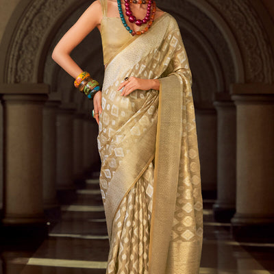 Resonant Beige Soft Banarasi Tissue Silk Saree With Imaginative Blouse Piece