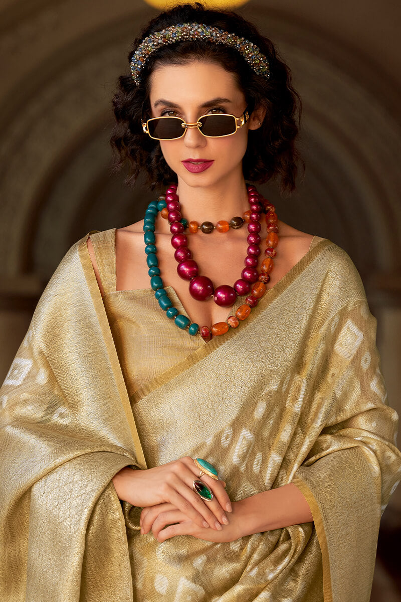 Resonant Beige Soft Banarasi Tissue Silk Saree With Imaginative Blouse Piece