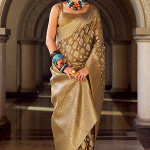 Lassitude Brown Soft Banarasi Tissue Silk Saree With Nectarous Blouse Piece