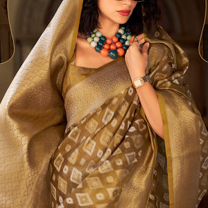 Lassitude Brown Soft Banarasi Tissue Silk Saree With Nectarous Blouse Piece