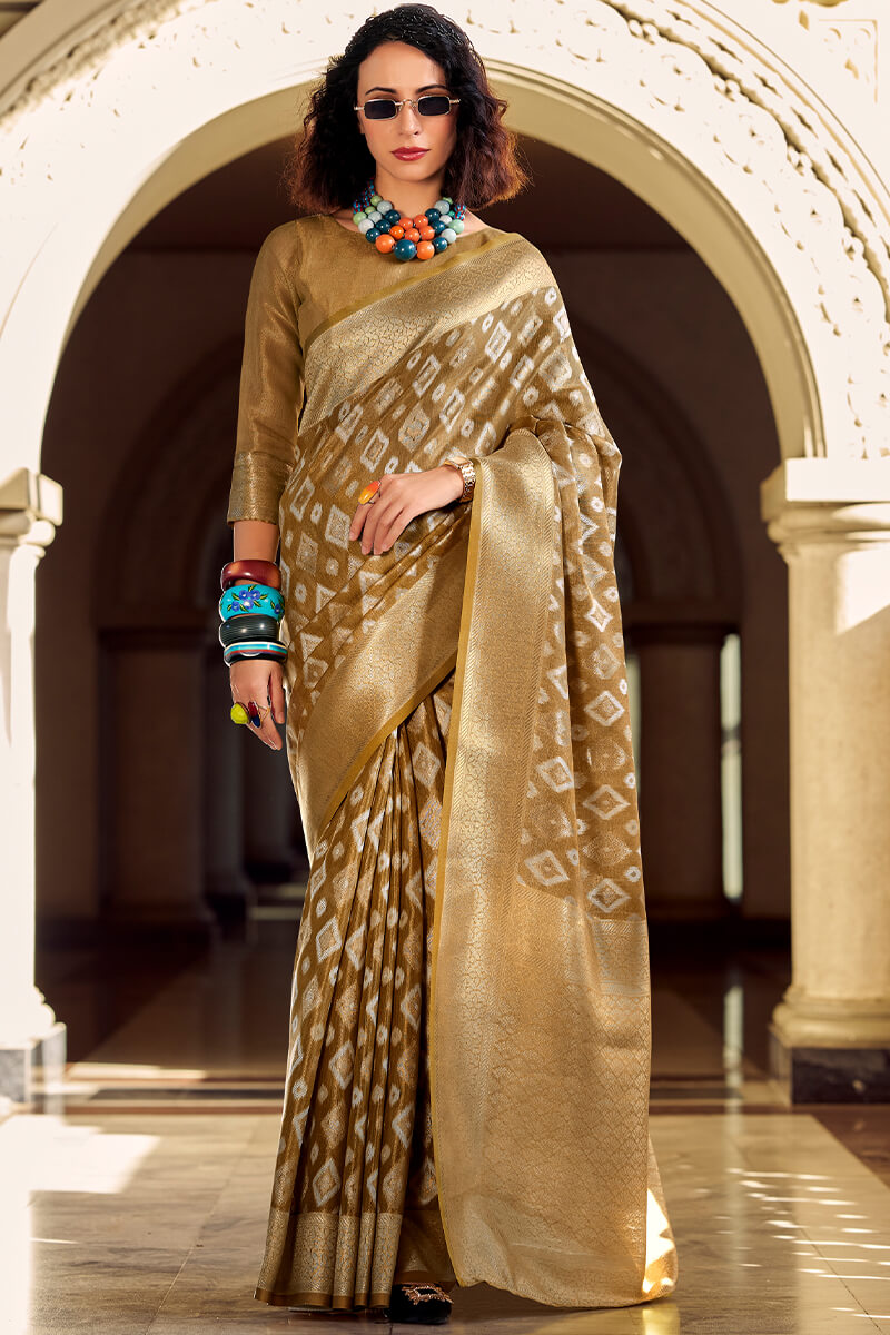 Lassitude Brown Soft Banarasi Tissue Silk Saree With Nectarous Blouse Piece