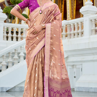 Flamboyant Peach Soft Banarasi Silk Saree With Dissemble Blouse Piece