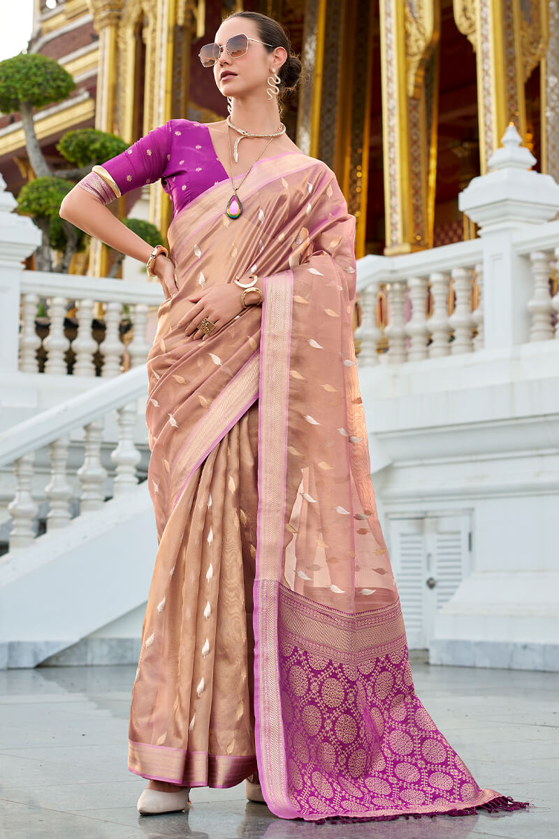 Flamboyant Peach Soft Banarasi Silk Saree With Dissemble Blouse Piece