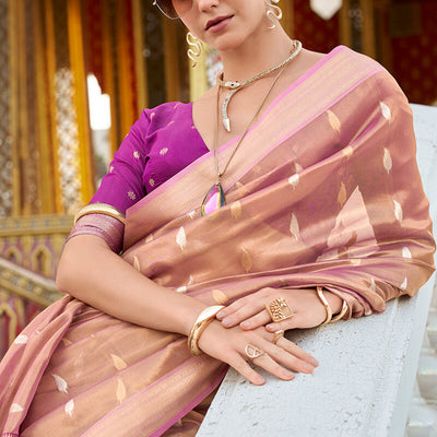 Flamboyant Peach Soft Banarasi Silk Saree With Dissemble Blouse Piece