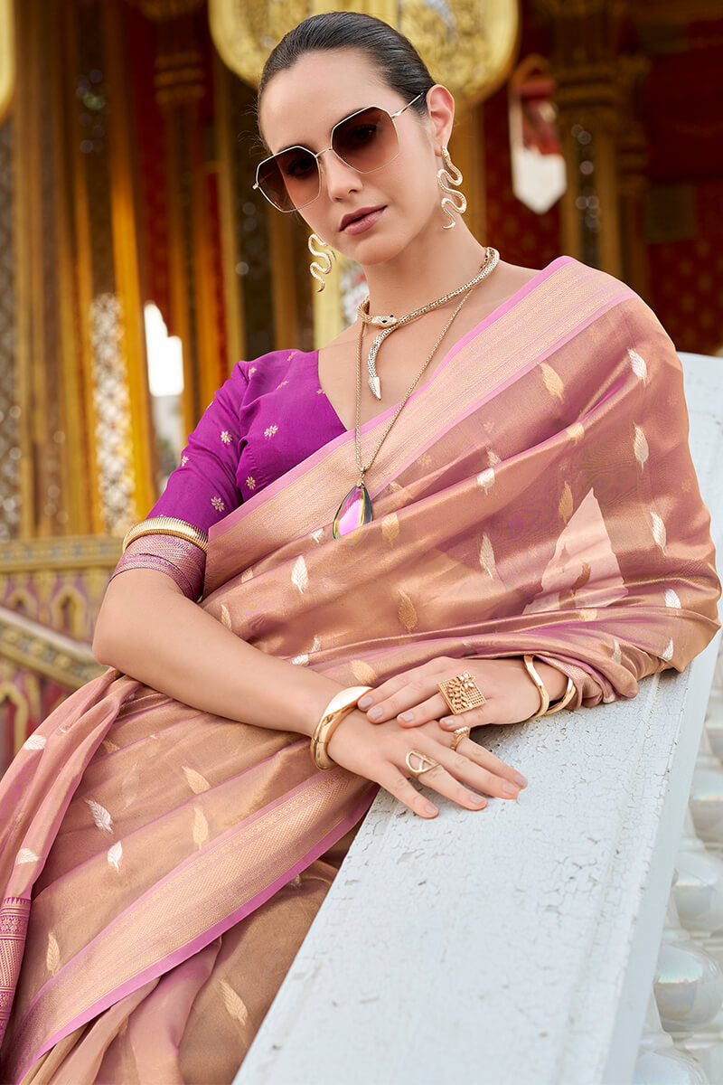 Flamboyant Peach Soft Banarasi Silk Saree With Dissemble Blouse Piece