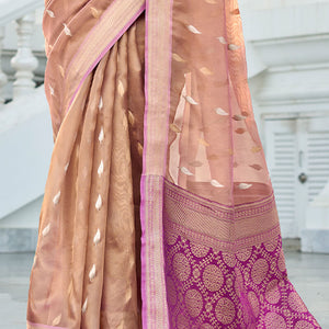 Flamboyant Peach Soft Banarasi Silk Saree With Dissemble Blouse Piece