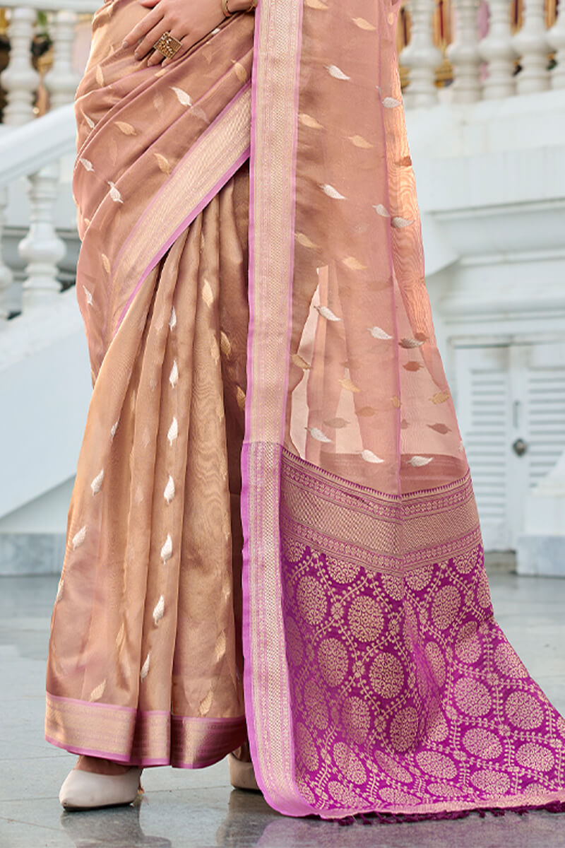 Flamboyant Peach Soft Banarasi Silk Saree With Dissemble Blouse Piece