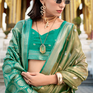 Unequalled Mehndi Soft Banarasi Silk Saree With Serendipity Blouse Piece