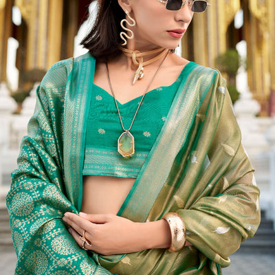 Unequalled Mehndi Soft Banarasi Silk Saree With Serendipity Blouse Piece