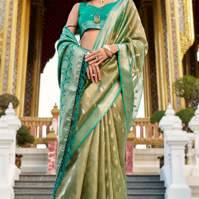 Unequalled Mehndi Soft Banarasi Silk Saree With Serendipity Blouse Piece