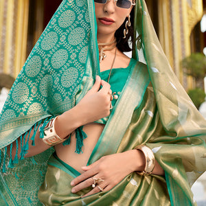 Unequalled Mehndi Soft Banarasi Silk Saree With Serendipity Blouse Piece