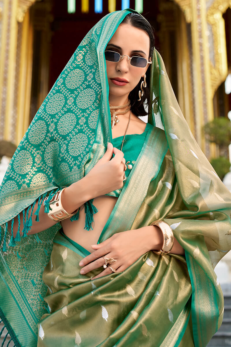 Unequalled Mehndi Soft Banarasi Silk Saree With Serendipity Blouse Piece