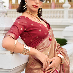 Enchanting Brown Soft Banarasi Silk Saree With Ethnic Blouse Piece