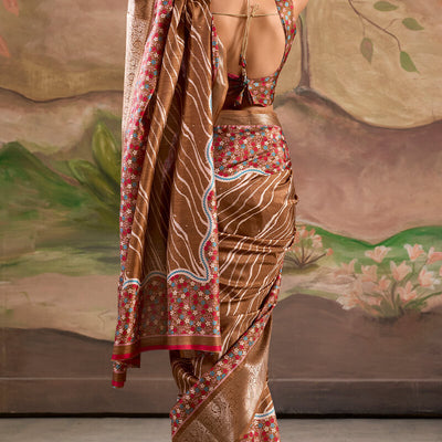 Adorable Brown Digital Printed Dola Silk Saree With Pretty Blouse Piece