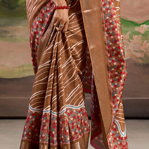 Adorable Brown Digital Printed Dola Silk Saree With Pretty Blouse Piece