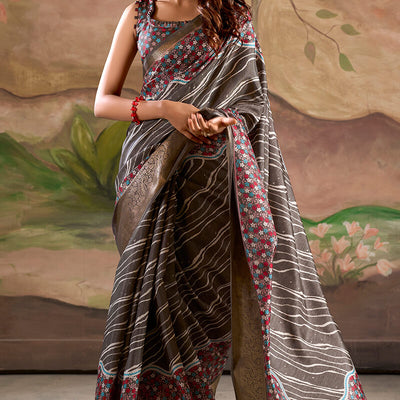Verdant Dark Gey Digital Printed Dola Silk Saree With Mellifluous Blouse Piece