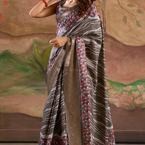 Verdant Dark Gey Digital Printed Dola Silk Saree With Mellifluous Blouse Piece