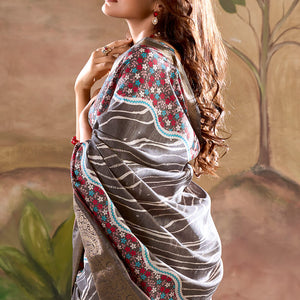 Verdant Dark Gey Digital Printed Dola Silk Saree With Mellifluous Blouse Piece