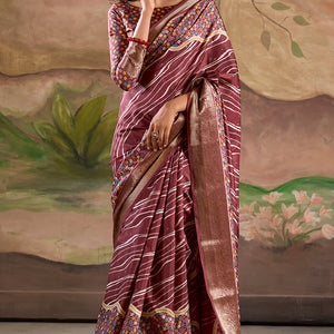 Rhapsody Wine Digital Printed Dola Silk Saree With Skinny Blouse Piece