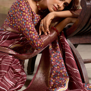 Rhapsody Wine Digital Printed Dola Silk Saree With Skinny Blouse Piece